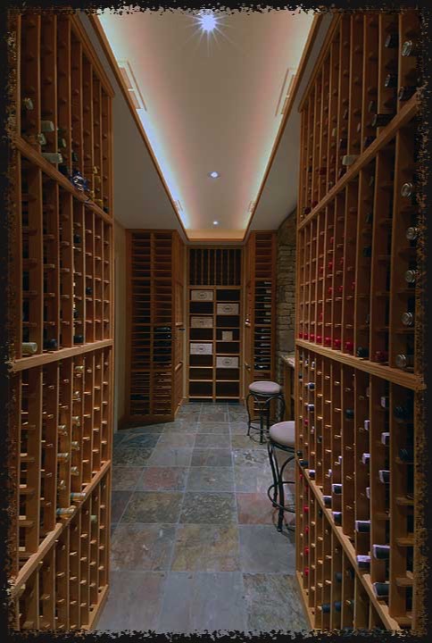 Ceiling height allowed for a tray ceiling and cove lighting, counterpointed by narrow aperture spots. Supply air grills are inconspicuous within the cove recess.