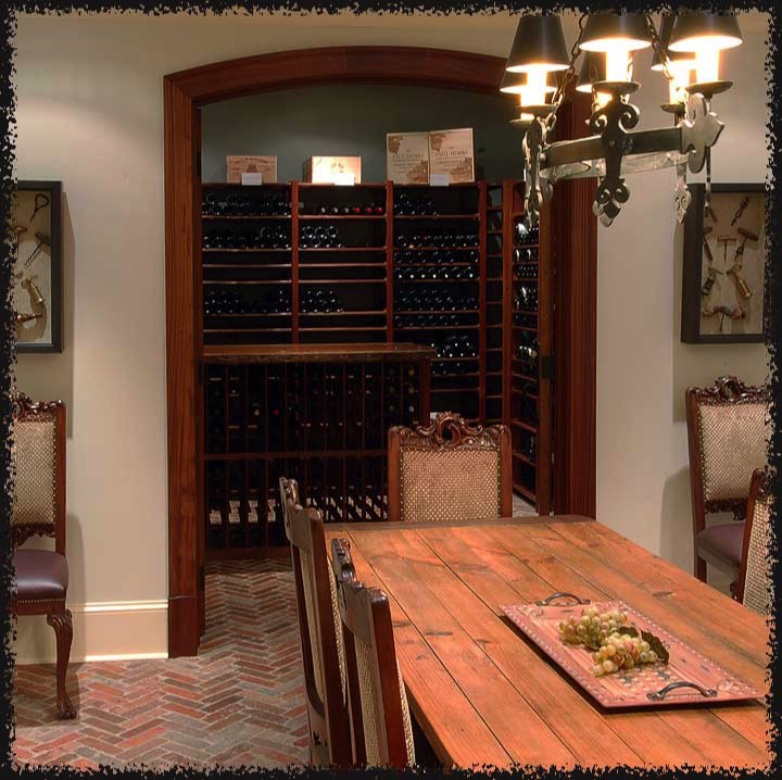 With the double doors open, the saple shelf racks and center island come into view.  The island's countertop is solid live-edge Brazilian jatoba wood.